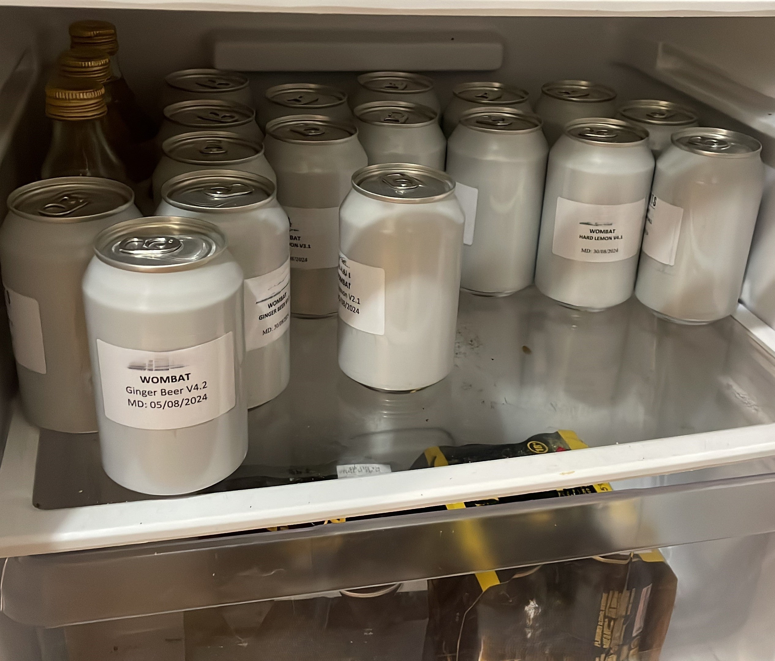Fridge full of ginger beer and cloudy lemonade