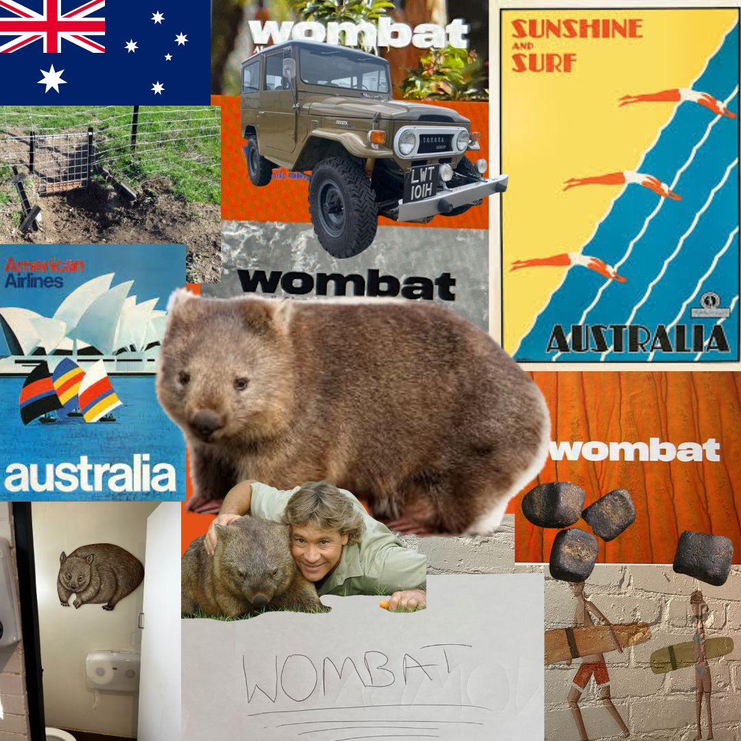 Wombat moodboard, old Australian posters, land cruiser, wombat droppings, Australian flag